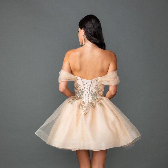 New Champagne Sequins Embellished Homecoming Tulle Gown w/ Lace Up Back DQ 3423 - Picture 6 of 8